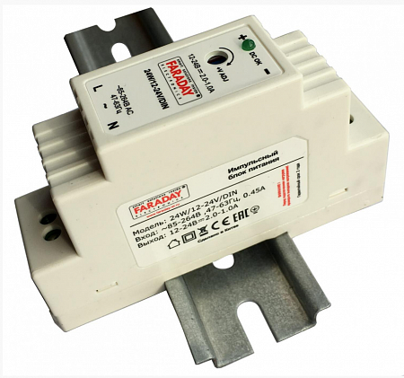 Faraday БП-24W/12-24V/DIN Источник электропитания стабилизированный импульсный, на DIN-рейку, U-вх.AC85...264, U-вых. DC12...24В (регулируемый), I-вых.2…1 А, P-вых.24Вт, защита от перегрузки и КЗ, -10…+60°C, 93х56х25мм.